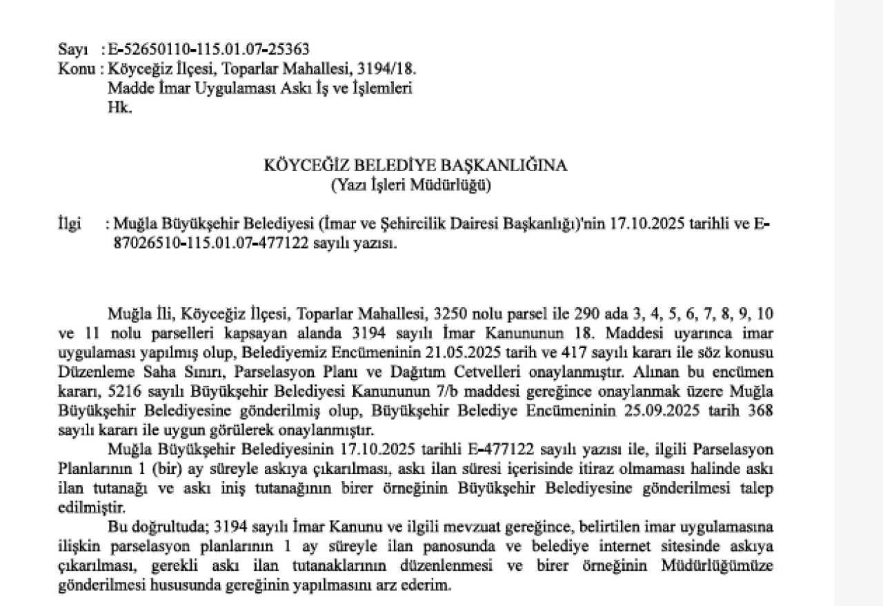 Toparlar Mahallesi’nde Parsel Düzenlemesi Askıya Çıktı