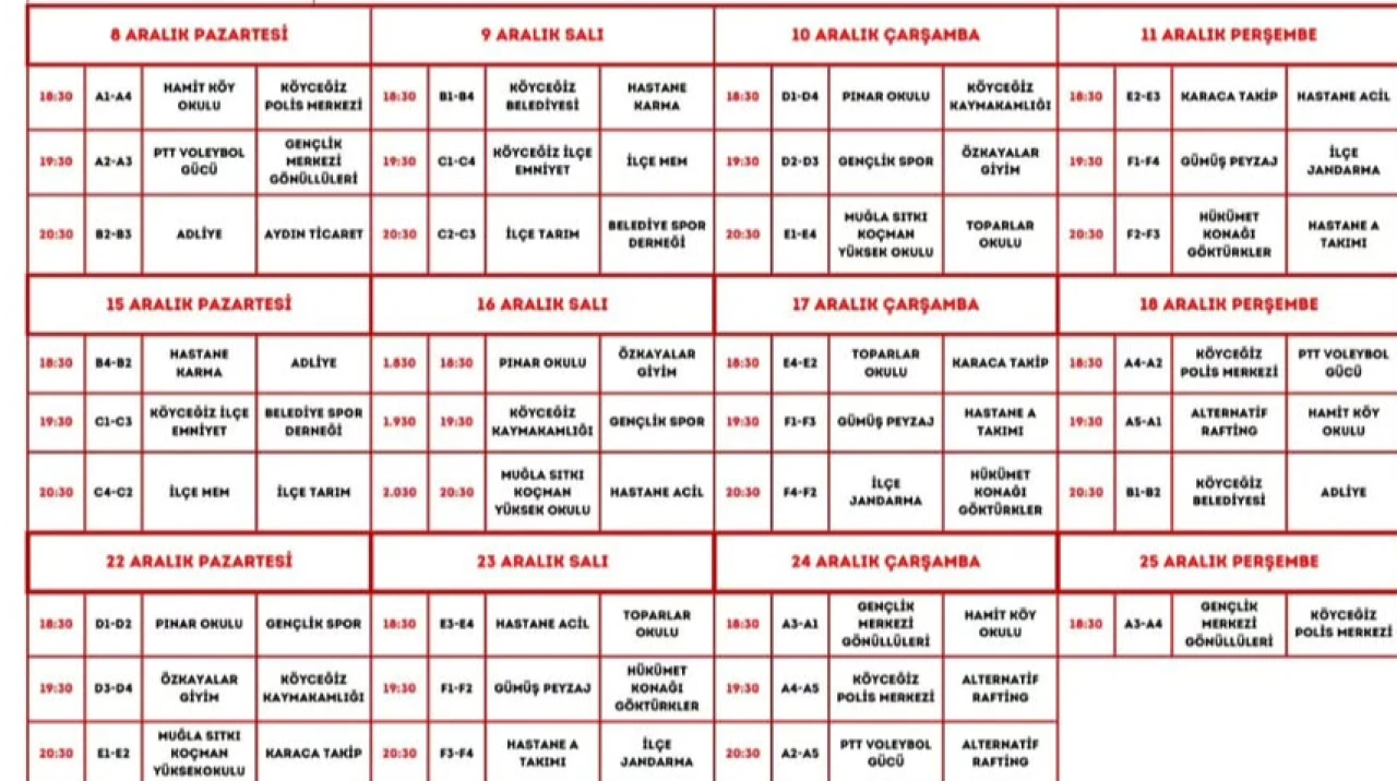 Köyceğiz Voleybol Turnuvası Maç Fikstürü