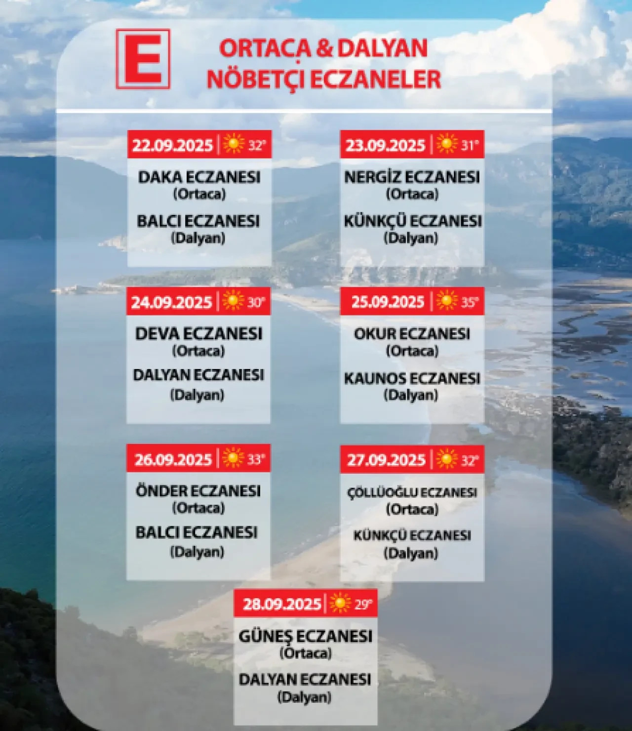 Ortaca ve Dalyan Nöbetçi Eczaneler: 23–28 Eylül 2025 Ortaca Nöbetçi  Eczane Listesi