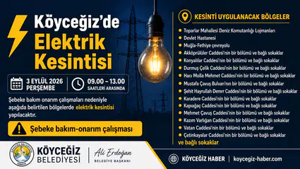 Köyceğiz'de 3 Eylül'de Elektrik Kesintisi