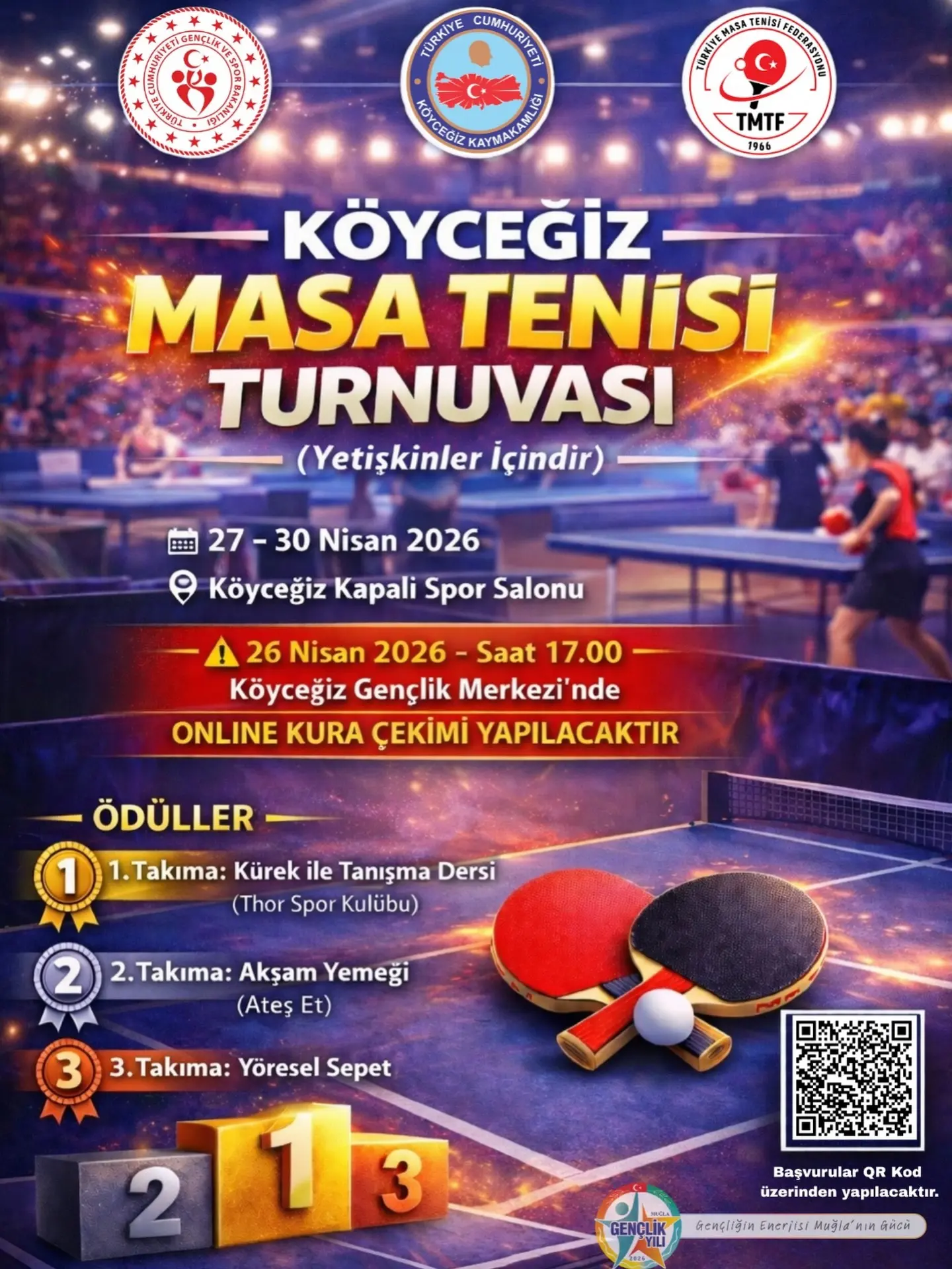 Köyceğiz’de 27-30 Nisan tarihleri arasında yetişkinlere özel Masa Tenisi Turnuvası düzenleniyor; ödüller arasında kürek dersi ve akşam yemeği var.