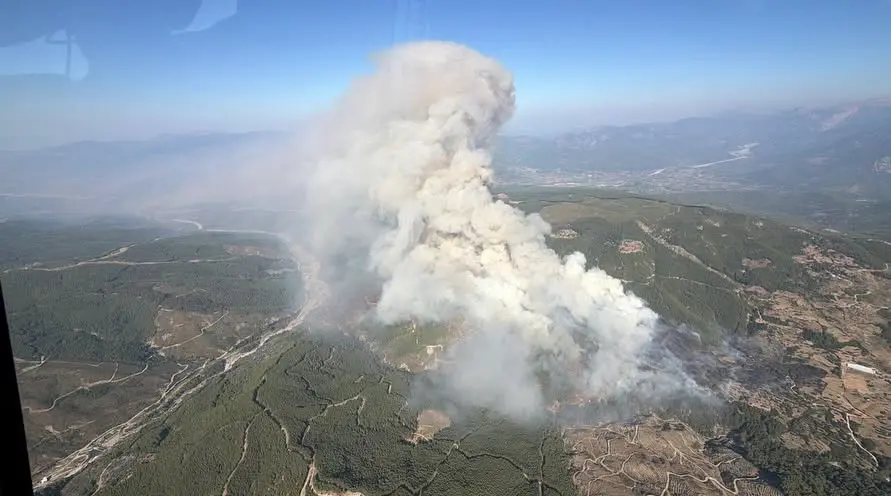 Muğla'nın Seydikemer ilçesi Bayır Mahallesi'nde çıkan orman yangınına havadan ve karadan müdahale edilirken, Fethiye-Seydikemer-Antalya karayolu trafiğe kapatıldı.