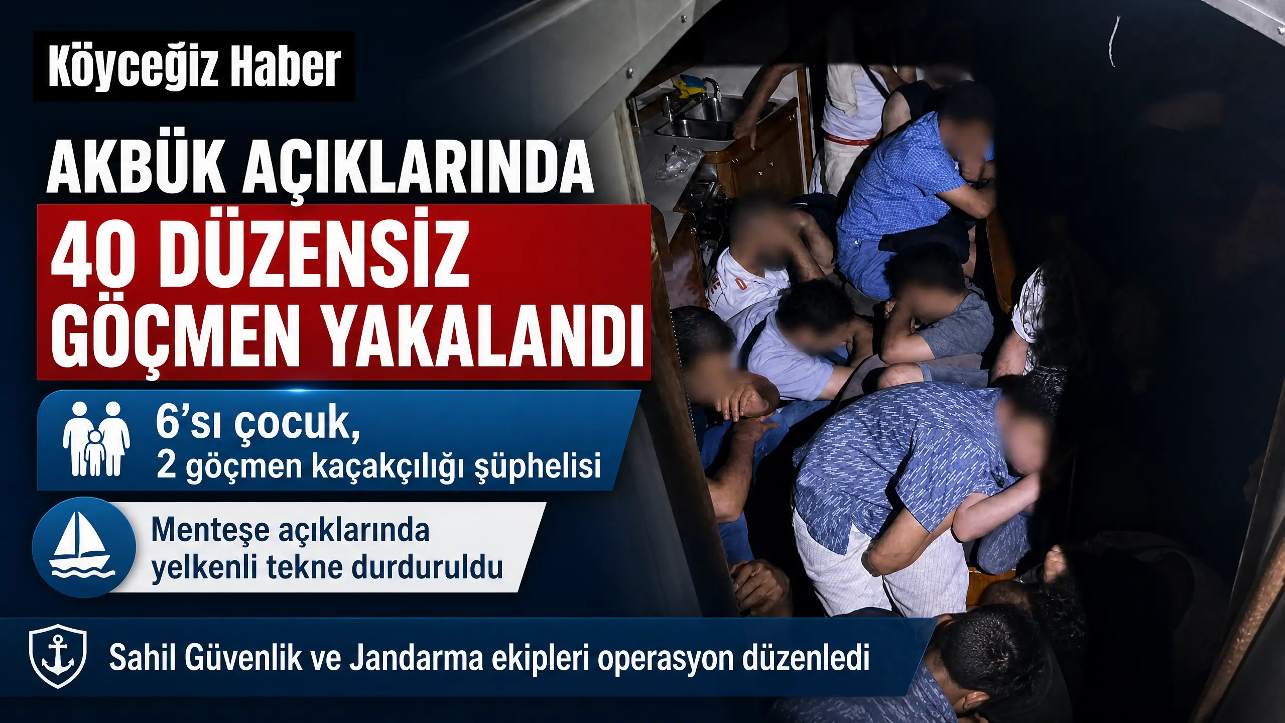 Menteşe Akbük Koyu açıklarında bir yelkenli teknede 6'sı çocuk 40 düzensiz göçmen ile 2 göçmen kaçakçılığı şüphelisi yakalandı.