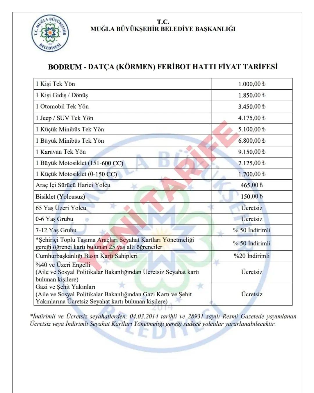 Muğla Büyükşehir Belediyesi Bodrum Datça feribot hattı bilet fiyatlarını güncelledi. Yolcu, otomobil, motosiklet yeni tarifesi belli oldu.