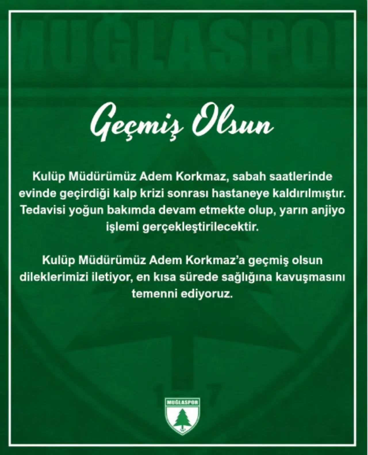 Muğlaspor Kulüp Müdürü Adem Korkmaz kalp krizi geçirdi. Tedavisi yoğun bakımda sürüyor. Detaylar Köyceğiz Haber’de.