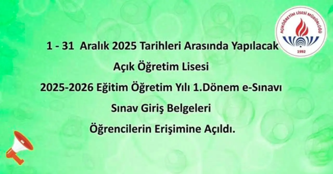 Köyceğiz Halk Eğitim Merkezi, 1–31 Aralık 2025 tarihleri arasında yapılacak açık lise e-sınavı için giriş belgelerinin erişime açıldığını duyurdu.