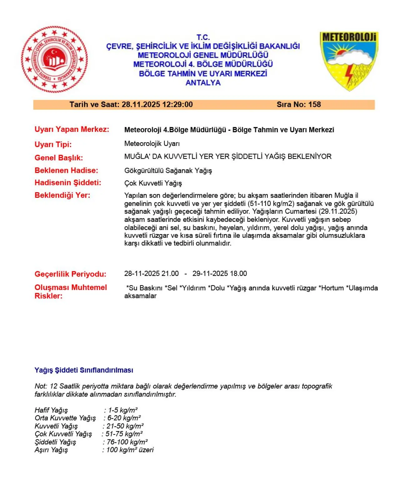 Köyceğiz Hava Durumu Son Dakika Meteoroloji Uyardı Muğla için 28–29 Kasım tarihleri arasında kuvvetli yağış uyarısı yaptı. Ayrıntılar Haberimizde