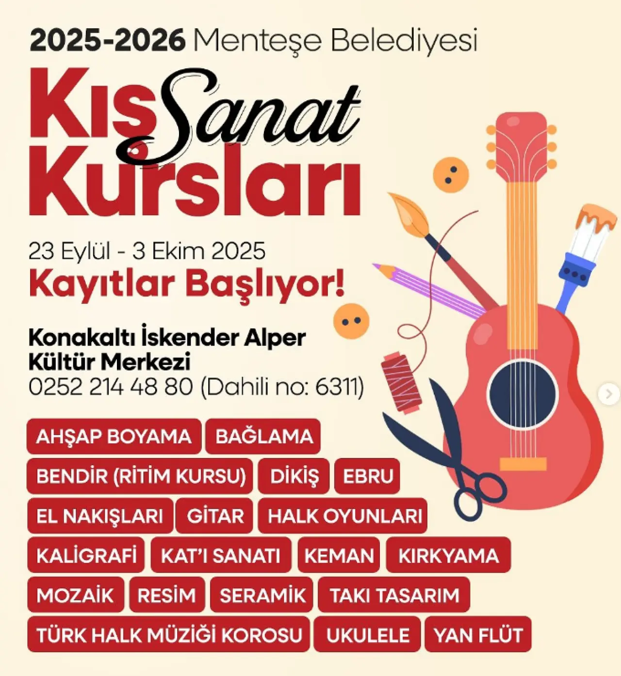 Menteşe’de 2025–2026 Kış Sanat Kursları Başlıyor: Kayıtlar 23 Eylül’de Açılıyor
