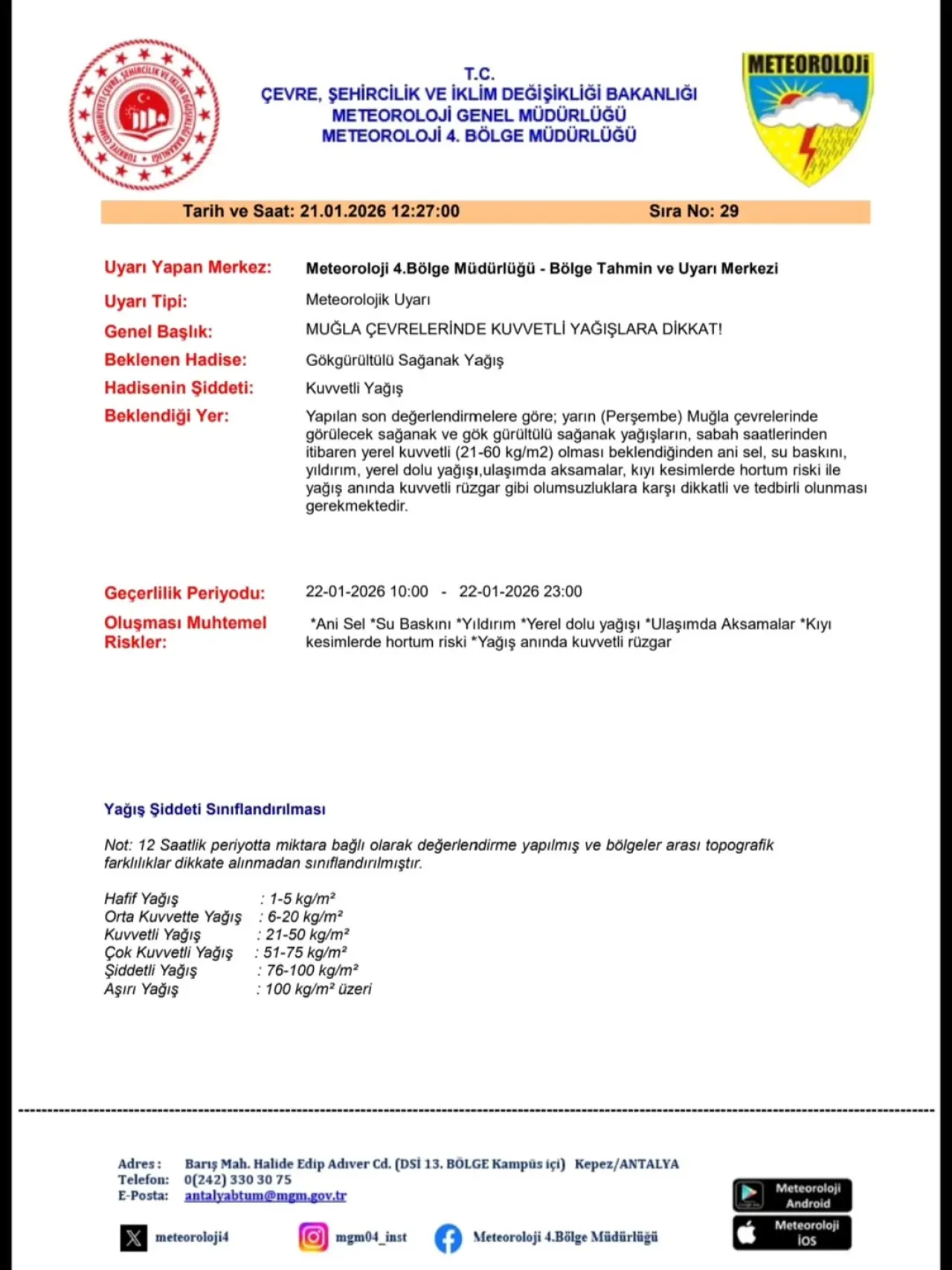 Köyceğiz’de 22 Ocak itibarıyla başlayacak kuvvetli yağışlar 5 gün sürecek; Meteoroloji hortum ve sel uyarısı yaptı.