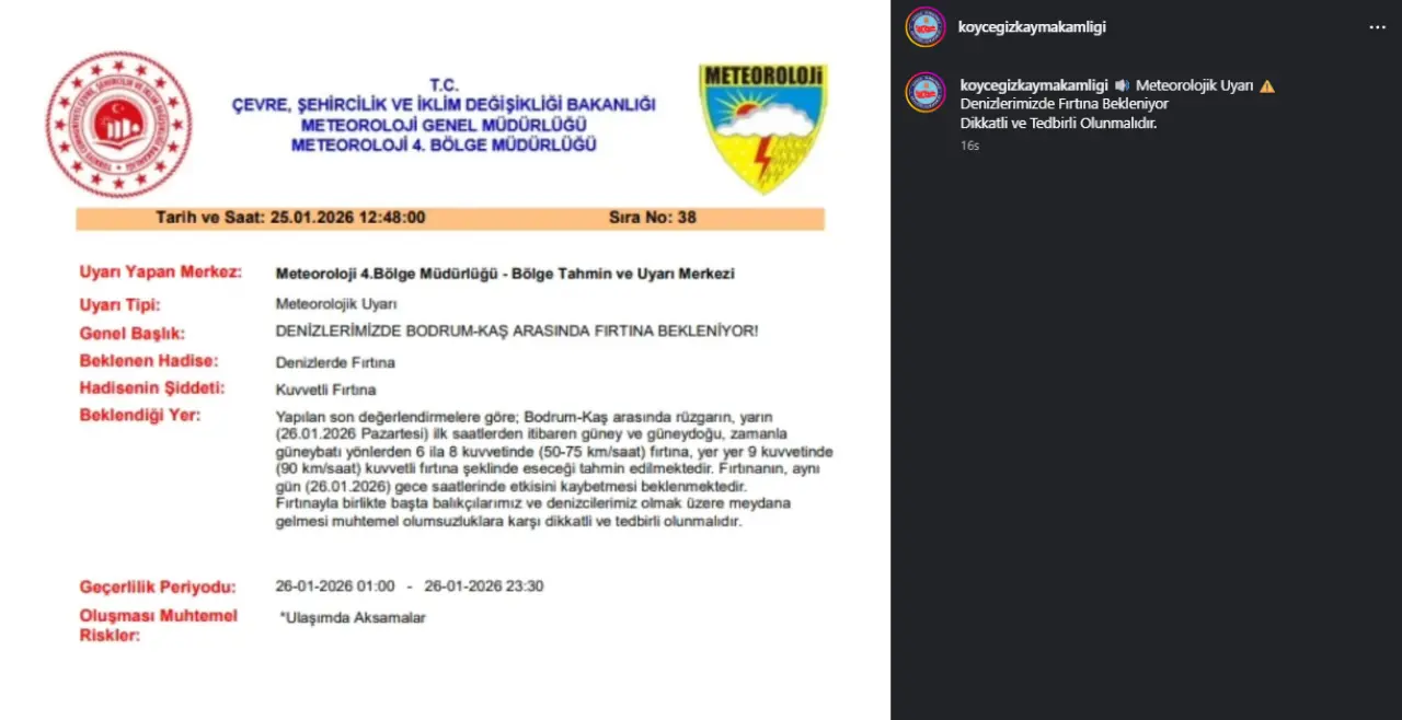 Köyceğiz Kaymakamlığı, Meteoroloji verilerine dayanarak yarın için "Çok Kuvvetli Yağış" ve "Fırtına" uyarısı yaptı. İşte Kaymakamlığın dikkat çektiği o riskler.