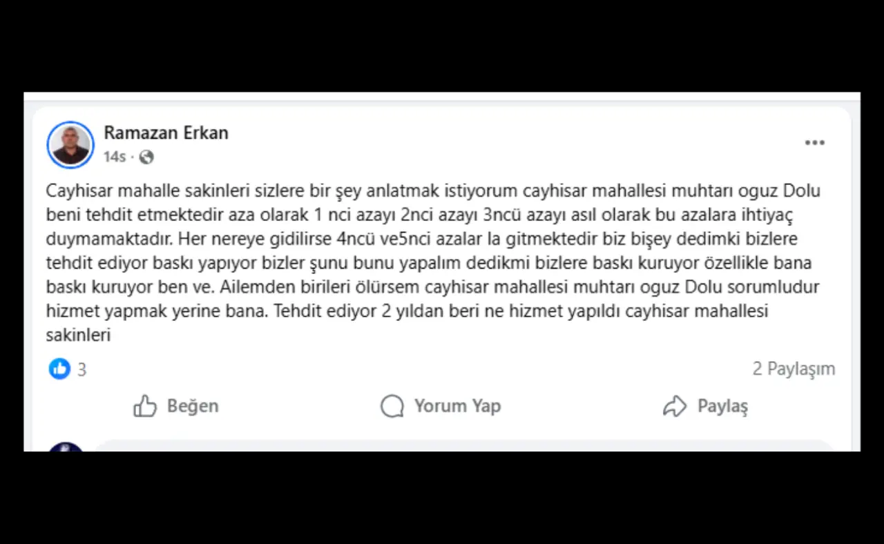 Köyceğiz’in Çayhisar Mahallesi’nde muhtarlık yönetimi içinde yaşanan kriz gün yüzüne çıktı. Çayhisar azası Ramazan Erkan, sosyal medya üzerinden yaptığı açıklamayla Mahalle Muhtarı Oğuz Dolu hakkında yenilir yutulur cinsten olmayan iddialarda bulundu.