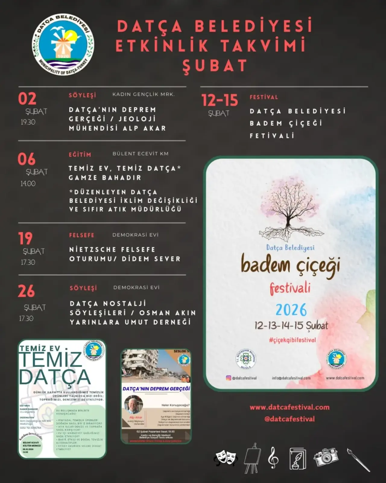 Datça Belediyesi Şubat 2026 etkinlik takvimini açıkladı. 12-15 Şubat arası Badem Çiçeği Festivali gerçekleşirken, deprem gerçeği ve felsefe oturumları da listede.