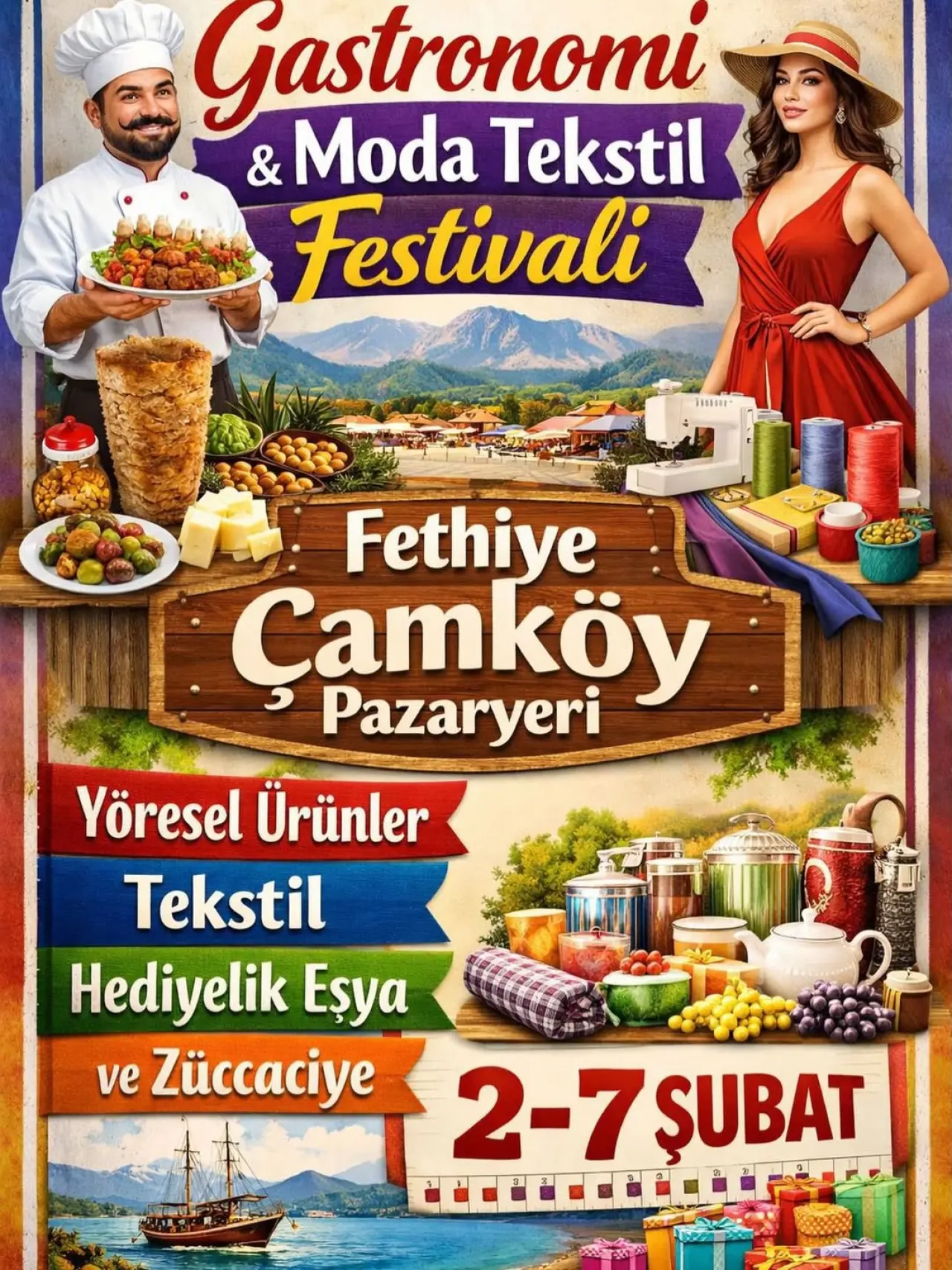 Fethiye Çamköy Pazaryeri, 2-7 Şubat tarihleri arasında Gastronomi ve Moda Tekstil Festivali’ne ev sahipliği yapıyor. Yöresel lezzetlerden tekstile kadar her şey bu festivalde.