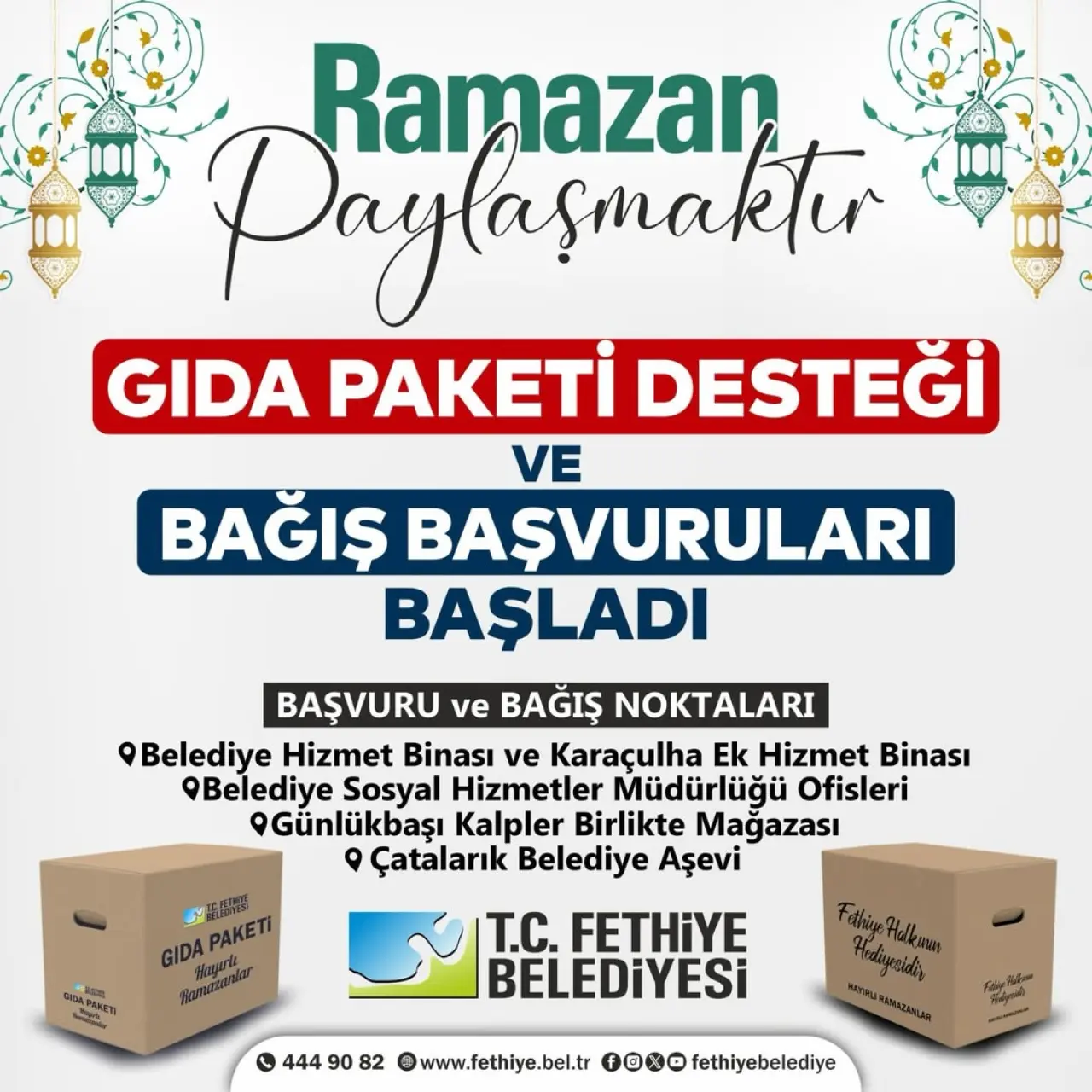 Fethiye Belediyesi, Ramazan ayı gıda paketi desteği ve bağış başvurularını başlattı. İhtiyaç sahipleri için başvuru noktaları ve iletişim detayları açıklandı.