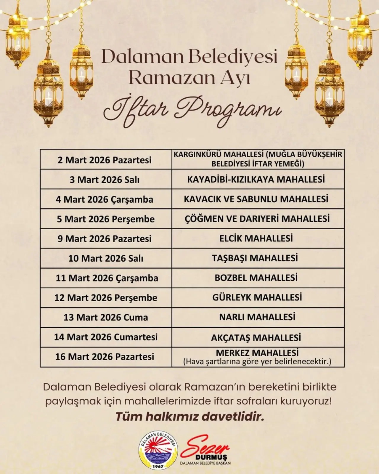 Dalaman’da Ramazan Bereketi: İftar Sofraları Hangi Mahallede Kurulacak?