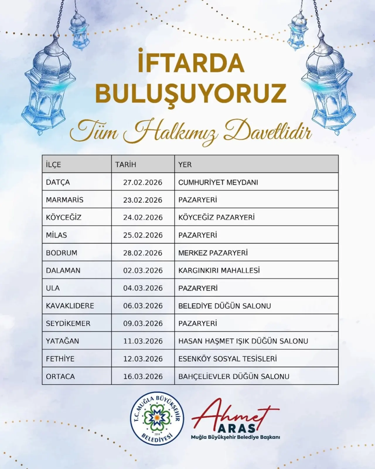Muğla Büyükşehir Belediye Başkanı Ahmet Aras, 12 ilçede kurulacak dev iftar sofralarının tam listesini ve yerlerini açıkladı.