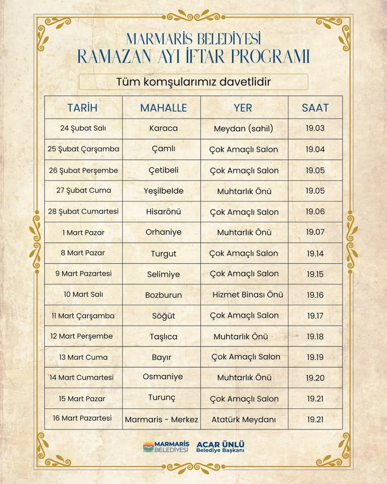 2026 Marmaris Belediyesi Ramazan Ayı İftar Programı ve Yerleri