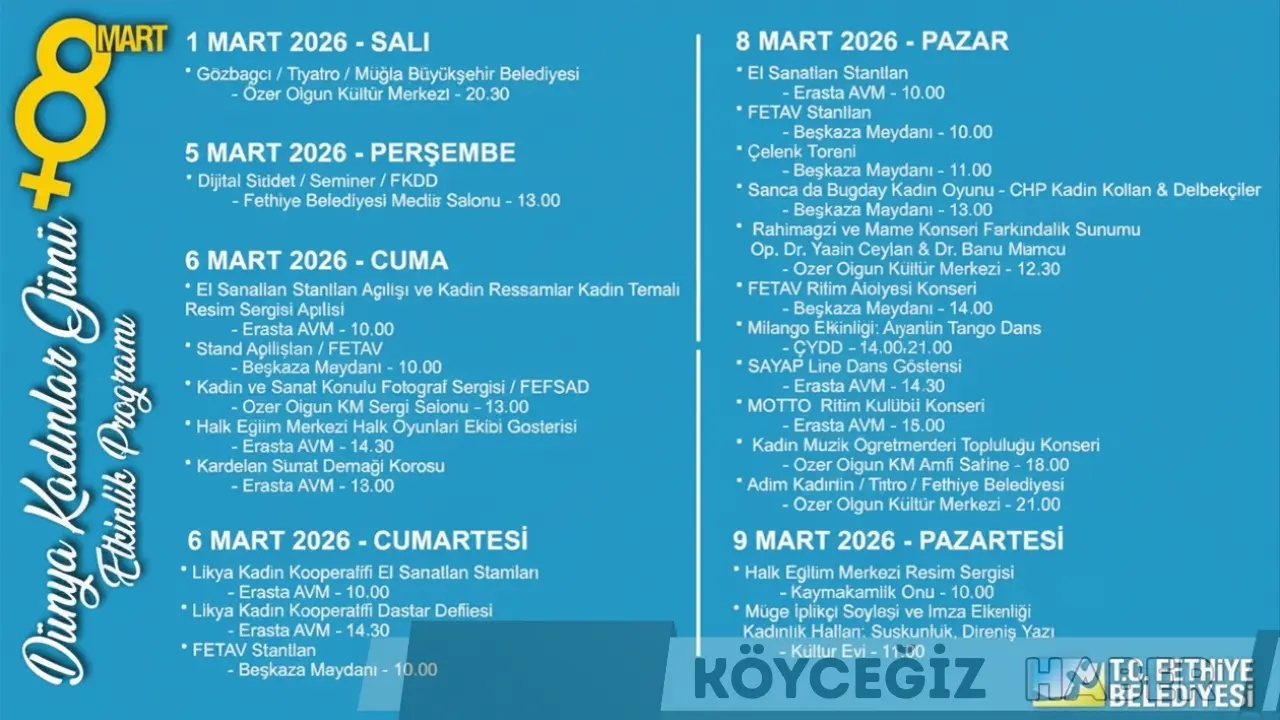 Fethiye Belediyesi, 8 Mart Dünya Kadınlar Günü kapsamında dolu dolu bir etkinlik programı hazırladı. Sergilerden konserlere tüm detaylar haberimizde.