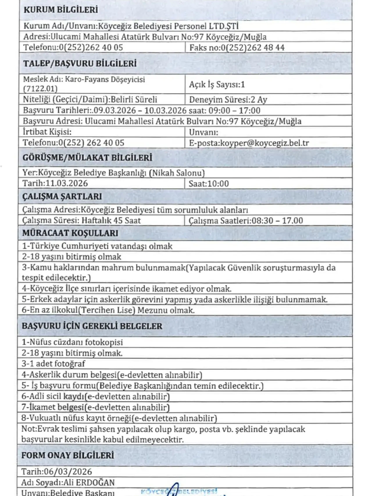 Köyceğiz Belediyesi 3 Yeni Personel Alımı Yapıyor 