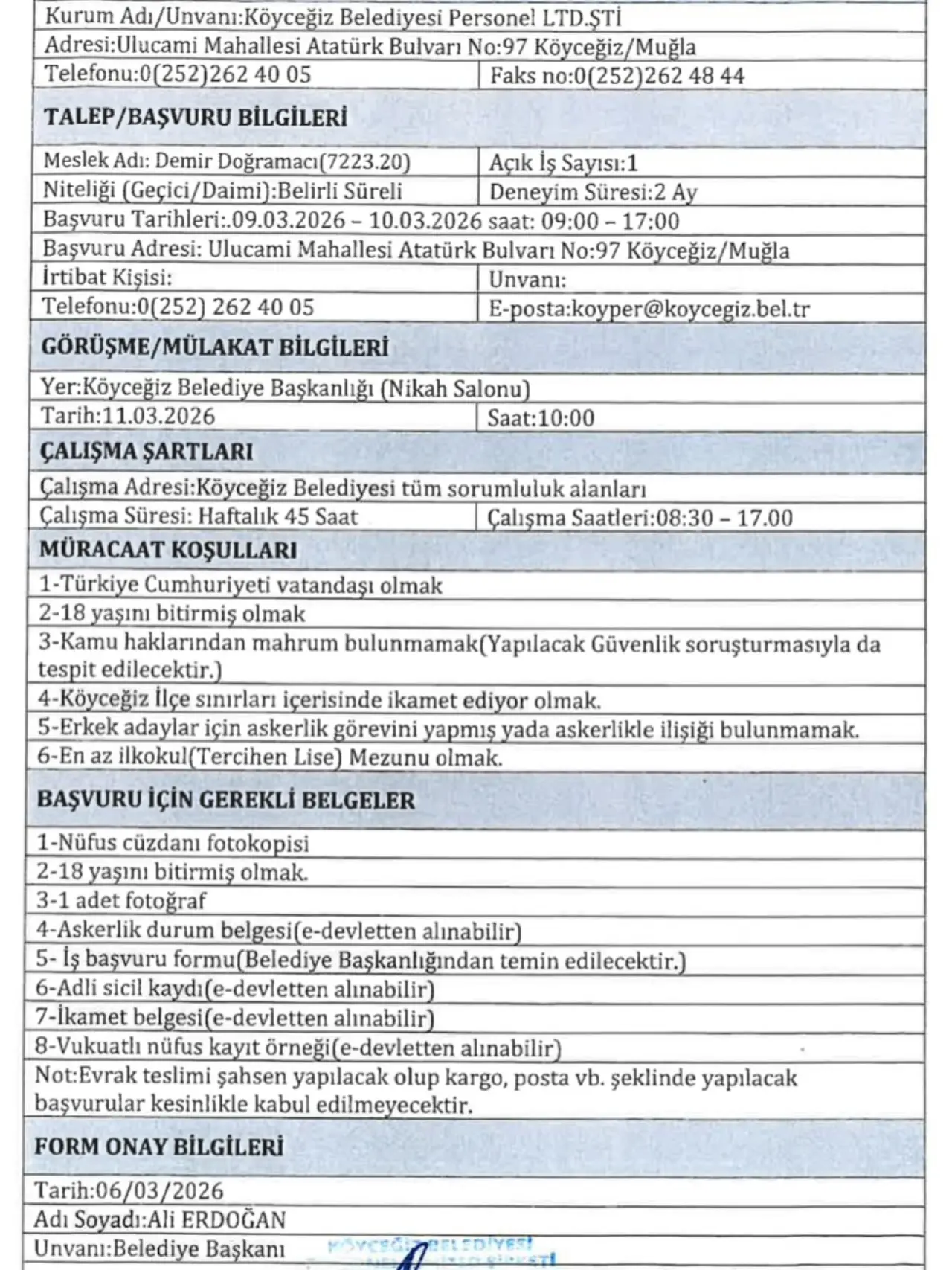 Köyceğiz Belediyesi 3 Yeni Personel Alımı Yapıyor 