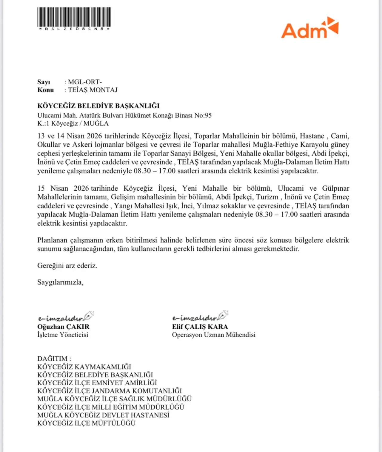Köyceğiz’de TEİAŞ tarafından yapılacak iletim hattı yenileme çalışmaları nedeniyle 13, 14 ve 15 Nisan tarihlerinde birçok mahallede uzun süreli elektrik kesintileri yaşanacak.