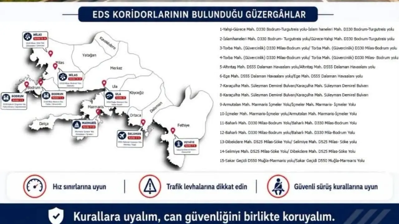 Muğla genelinde trafik güvenliği için 15 hız koridorunda ortalama hız denetimleri 10 Ağustos Pazartesi günü başlıyor.